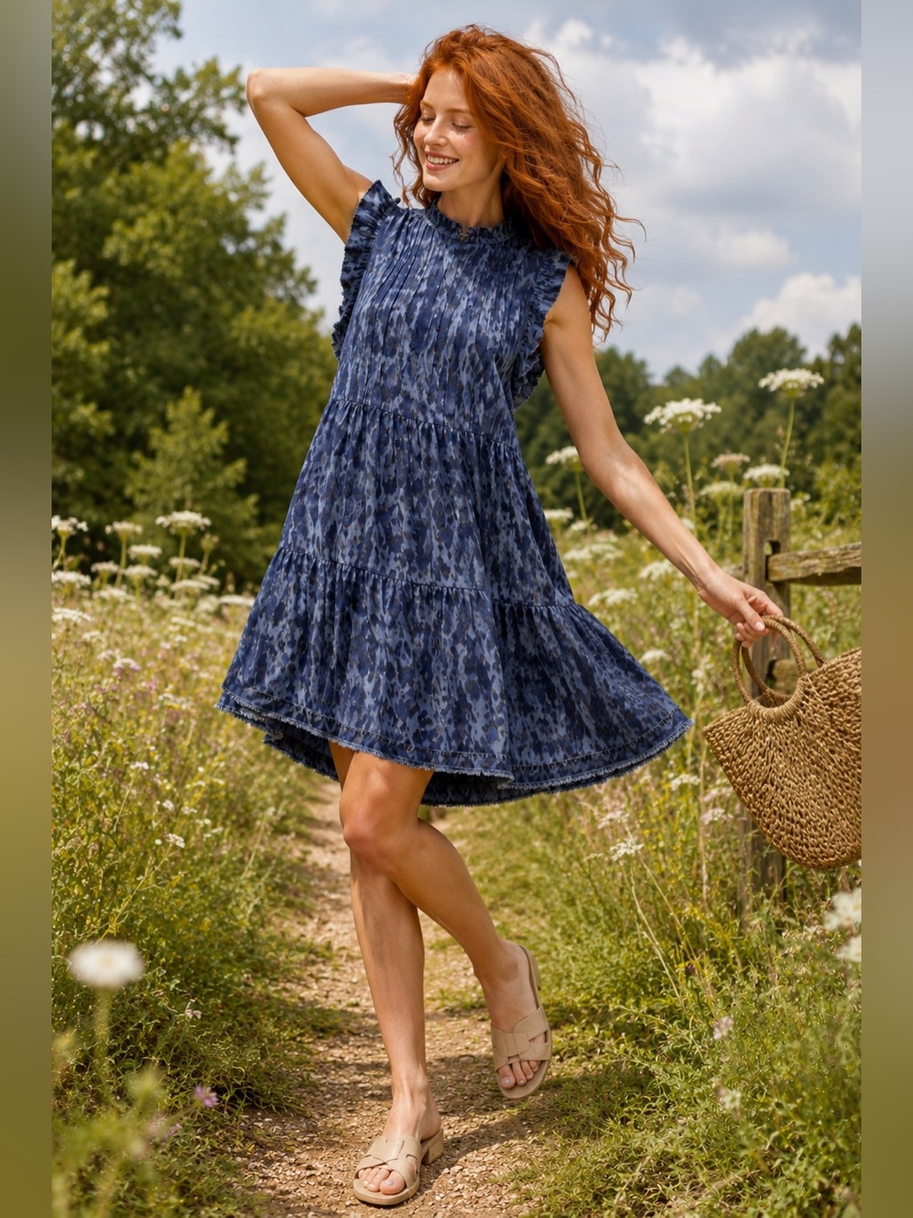 ANTHROPOLOGIE Blue Chambray Leopard Jenee Tiered Tunic Dress Flutter Sleeve Boho